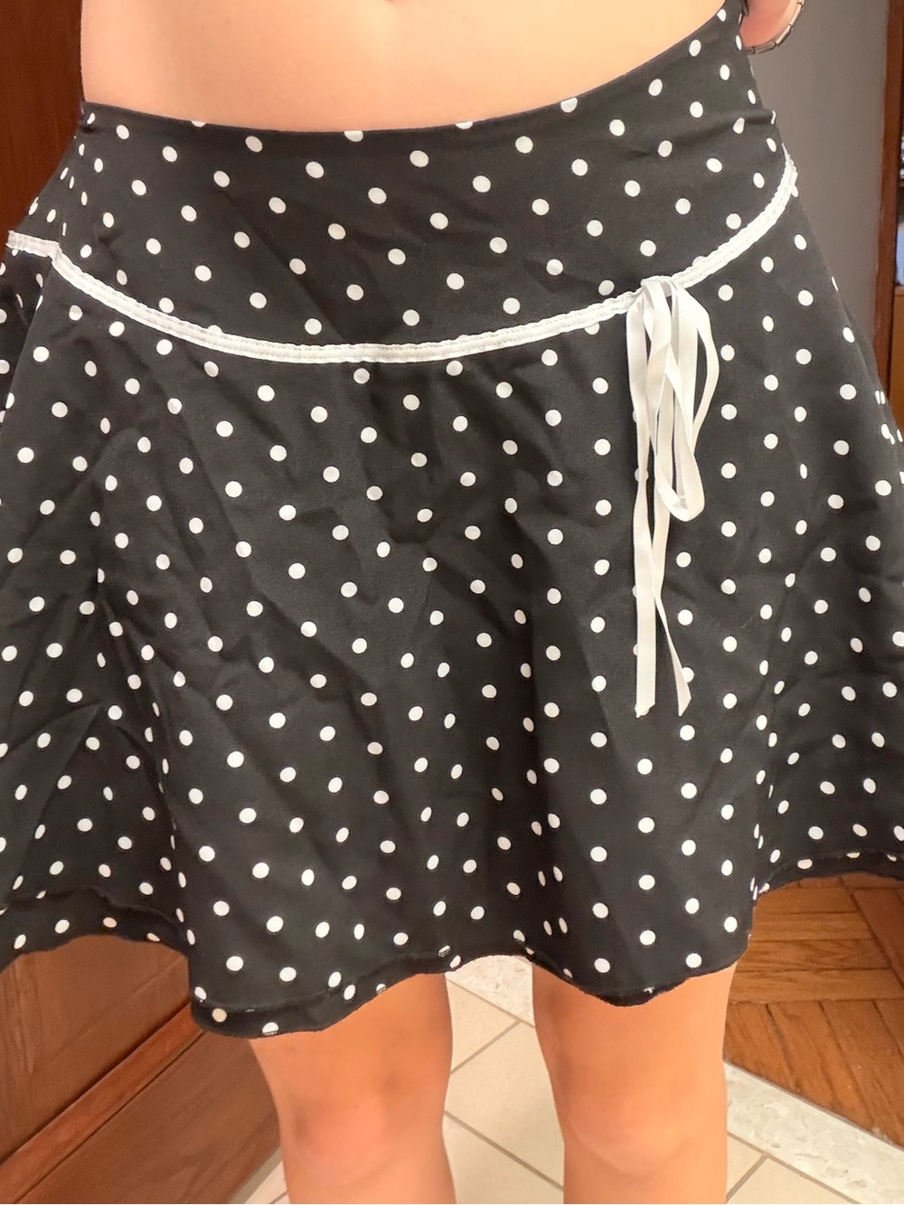 Ardene Black and White Polka Dot Skater Skirt with White Waist Tie